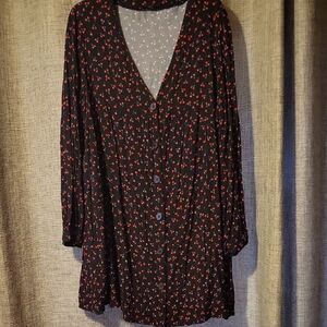 Popsugar Black and Red Tossed Cherries🍒 Button-Up Babydoll Dress